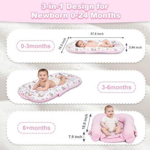Baby Lounger, 3-in-1 Portable Infant Lounger for Newborns 0-24 Months, Foldable Tummy Time Pillow with Removable Cover, Dual-Sided 100% Cotton and Velvet, Ideal Baby Shower Gifts, Pink Rainbow in Kuwait