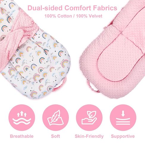 Baby Lounger, 3-in-1 Portable Infant Lounger for Newborns 0-24 Months, Foldable Tummy Time Pillow with Removable Cover, Dual-Sided 100% Cotton and Velvet, Ideal Baby Shower Gifts, Pink Rainbow in Kuwait