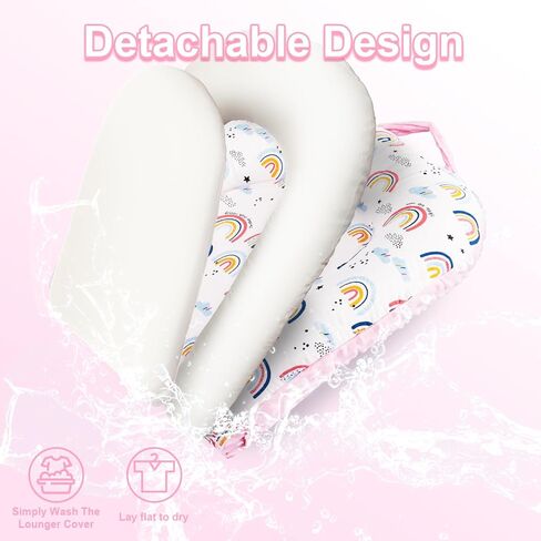 Baby Lounger, 3-in-1 Portable Infant Lounger for Newborns 0-24 Months, Foldable Tummy Time Pillow with Removable Cover, Dual-Sided 100% Cotton and Velvet, Ideal Baby Shower Gifts, Pink Rainbow in Kuwait