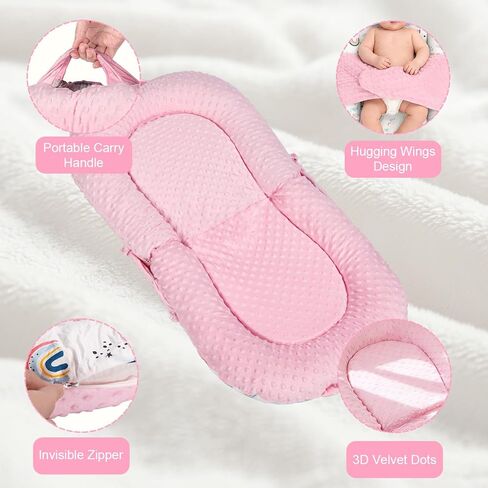 Baby Lounger, 3-in-1 Portable Infant Lounger for Newborns 0-24 Months, Foldable Tummy Time Pillow with Removable Cover, Dual-Sided 100% Cotton and Velvet, Ideal Baby Shower Gifts, Pink Rainbow in Kuwait