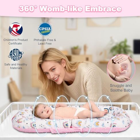 Baby Lounger, 3-in-1 Portable Infant Lounger for Newborns 0-24 Months, Foldable Tummy Time Pillow with Removable Cover, Dual-Sided 100% Cotton and Velvet, Ideal Baby Shower Gifts, Pink Rainbow in Kuwait