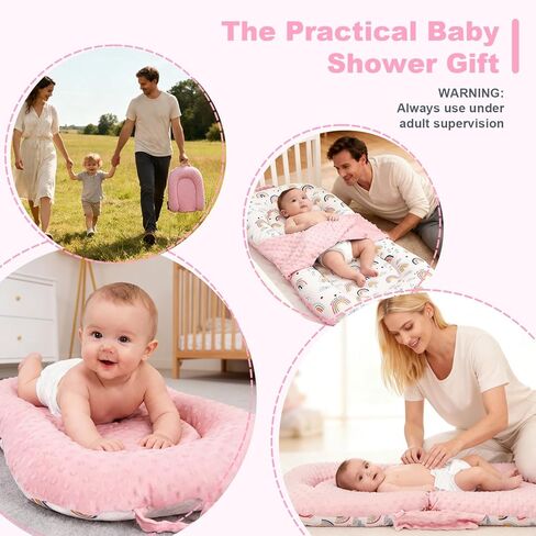 Baby Lounger, 3-in-1 Portable Infant Lounger for Newborns 0-24 Months, Foldable Tummy Time Pillow with Removable Cover, Dual-Sided 100% Cotton and Velvet, Ideal Baby Shower Gifts, Pink Rainbow in Kuwait