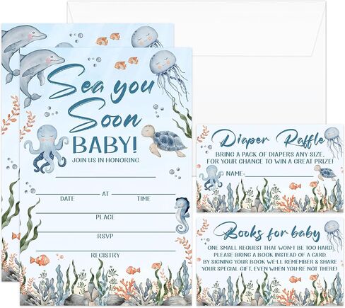 Sea You Soon Baby Shower Invitations - 25 Nautical Sea Creature Invites with Envelopes, Diaper Raffle Tickets, Book Request Cards, Party Decorations Supplies Favors -02 in Kuwait