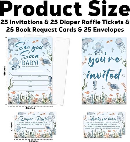 Sea You Soon Baby Shower Invitations - 25 Nautical Sea Creature Invites with Envelopes, Diaper Raffle Tickets, Book Request Cards, Party Decorations Supplies Favors -02 in Kuwait