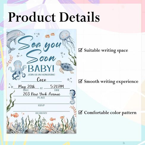 Sea You Soon Baby Shower Invitations - 25 Nautical Sea Creature Invites with Envelopes, Diaper Raffle Tickets, Book Request Cards, Party Decorations Supplies Favors -02 in Kuwait