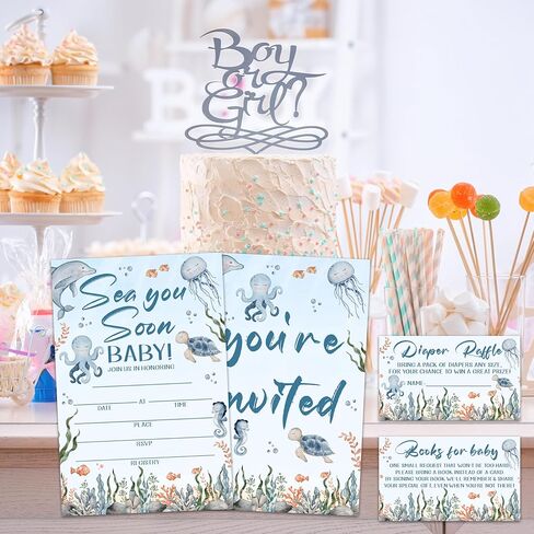 Sea You Soon Baby Shower Invitations - 25 Nautical Sea Creature Invites with Envelopes, Diaper Raffle Tickets, Book Request Cards, Party Decorations Supplies Favors -02 in Kuwait