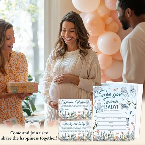 Sea You Soon Baby Shower Invitations - 25 Nautical Sea Creature Invites with Envelopes, Diaper Raffle Tickets, Book Request Cards, Party Decorations Supplies Favors -02 in Kuwait