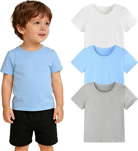 3 Pack Toddler Boy Shirts Short Sleeve Cotton Boys Tops Pull On Baby Tee Solid Summer Kids Clothes Size 2-5T in Kuwait
