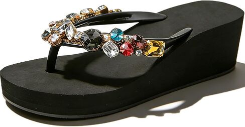 Women's EVA Wedges Heel Boho Flip Flop with Rhinestones Fashion Round Open Toe Sparkly Platform Thong Sandals for Outdoor Summer Beach Walking Shower Indoor in Saudi Arabia