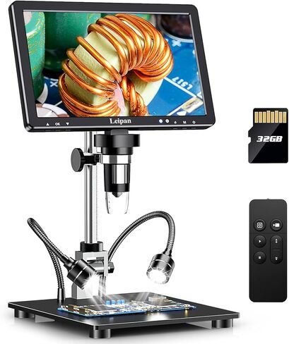 مجهر اللحام الرقمي Leipan DM12 2000X، مجهر عملة 10.1 بوصة مع بطاقة TF سعة 32 جيجابايت، وصلة HDMI للبالغين، 10 مصابيح، متوافق مع الكمبيوتر/التلفزيون in Kuwait