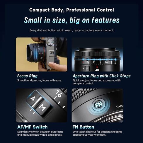 7artisans AF 40mm F2.5 Full-Frame Auto Lens for Sony E-Mount Cameras,Ultra-Compact Prime Lens with 9-Blade Aperture,Fast Autofocus,Ideal for Vlogging Street Photography and Video (90g, Black) in Kuwait