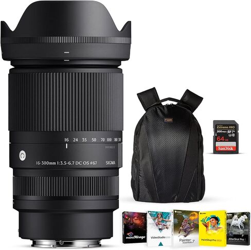 عدسة سيجما 16-300 ملم f/3.5-6.7 DC OS المعاصرة لعدسة تكبير Sony E - APS-C الكل في واحد مع بطاقة ذاكرة SDXC سعة 64 جيجابايت، ومجموعة برامج فن الفيديو من Corel OEM وحقيبة ظهر للكاميرا الرقمية - حزمة in Kuwait