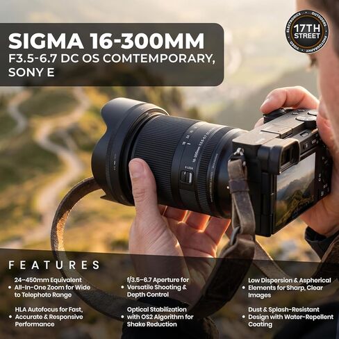 عدسة سيجما 16-300 ملم f/3.5-6.7 DC OS المعاصرة لعدسة تكبير Sony E - APS-C الكل في واحد مع بطاقة ذاكرة SDXC سعة 64 جيجابايت، ومجموعة برامج فن الفيديو من Corel OEM وحقيبة ظهر للكاميرا الرقمية - حزمة in Kuwait
