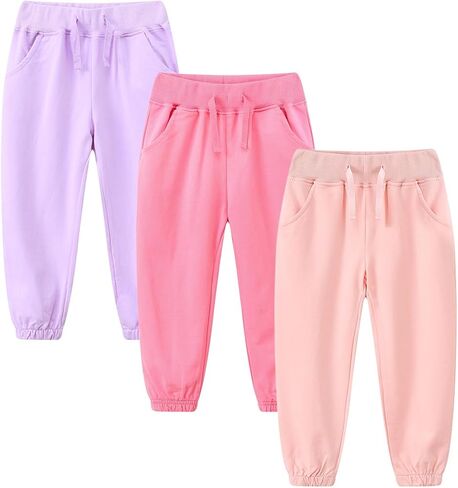 3 Pack Toddler Girls Sweatpants Soft Cotton Girl Joggers Casual Athletic Pull-On Pants with Pockets in Kuwait