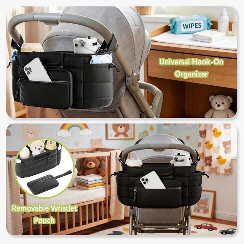 Stroller Organizer Caddy with Insulated Cup Holder & Detachable Phone Purse, Lightweight Universal Stroller Caddy for Busy Moms - Black in Saudi Arabia