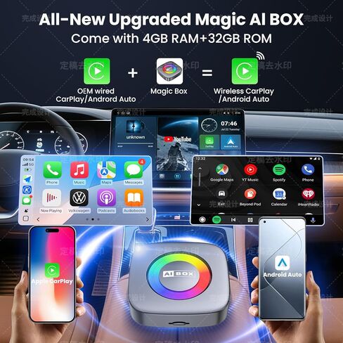 محول CarPlay لاسلكي 2 في 1 ومحول Android Auto مع Netflix/YouTube/Tiktok، محول لاسلكي صغير لتشغيل السيارة لهواتف iPhone، التوصيل والتشغيل Magic AI Box مناسب للسيارات المزودة بسلك CarPlay/Android Auto in Kuwait