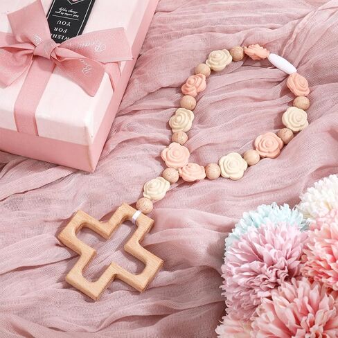 Silicone Cross Bracelet Baptism Gifts for Girls Boys Pink Rosary Bracelet with Silicone Roses and Wooden Crosses Design for Baptism Party Favors in Kuwait