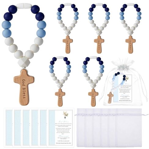 12 Pcs Baptism Rosary Beads with Wood Cross, Catholic Silicone Baby Rosary Bulk with White Mesh Bags Cards, Baptism First Communion Christian Party Favors in Kuwait