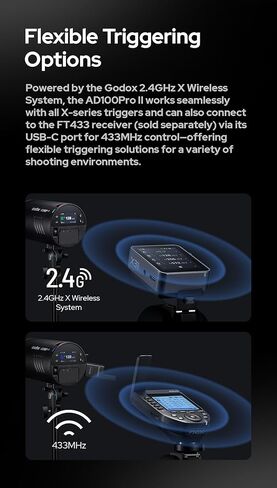 Godox AD100 Pro II AD100Pro II AD100ProII فلاش ستروب مع مجموعة AK-R1، نظام 2.4 جيجا هرتز X + وحدة 433 ميجا هرتز / 2 واط LED / 10 مستويات سطوع / 490 فرقعة كاملة الطاقة / 0.01-1.5 ثانية وقت إعادة التدوير / شحن USB-C / 1-256-1/1 in Kuwait