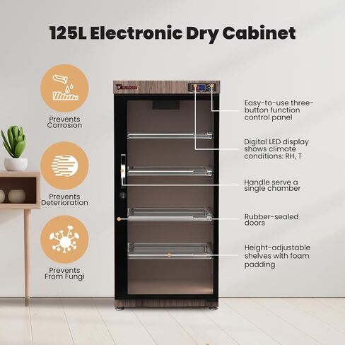 SLINGER 125L Electronic Dry Cabinet with Combination Lock (Oak) – Humidity Controlled Camera Storage, LED Display, Adjustable Shelves for Cameras, Lenses & Electronics in Kuwait