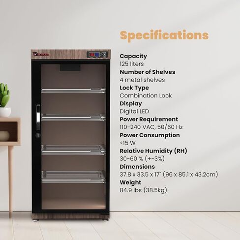 SLINGER 125L Electronic Dry Cabinet with Combination Lock (Oak) – Humidity Controlled Camera Storage, LED Display, Adjustable Shelves for Cameras, Lenses & Electronics in Kuwait