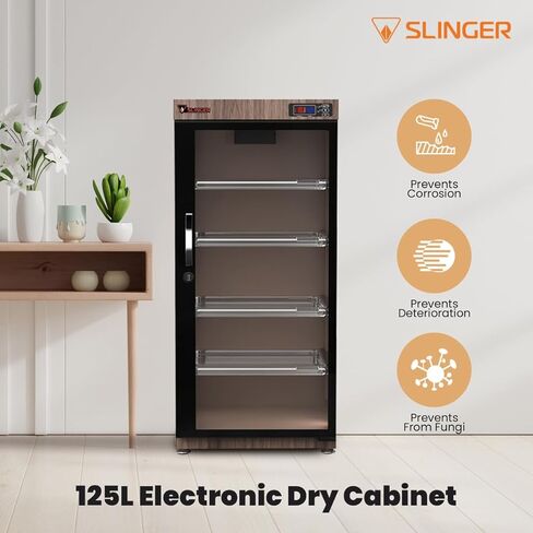 SLINGER 125L Electronic Dry Cabinet with Combination Lock (Oak) – Humidity Controlled Camera Storage, LED Display, Adjustable Shelves for Cameras, Lenses & Electronics in Kuwait
