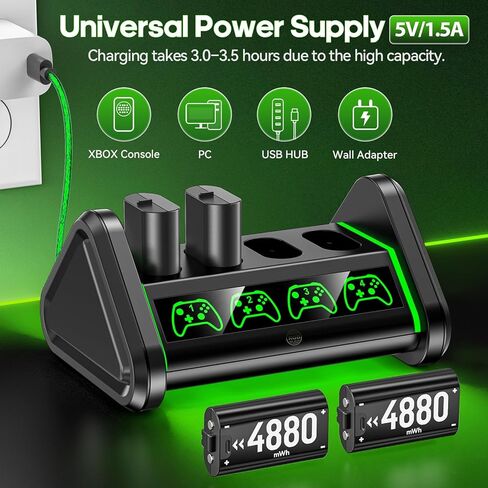 شاحن لحزمة بطارية وحدة تحكم Xbox القابلة لإعادة الشحن مع محطة شاحن حزمة بطارية قابلة للشحن Xbox One بقدرة 4 × 1500 مللي أمبير في الساعة لوحدات تحكم Xbox Series X/S/One X/S/Elite/Core، ومجموعة ملحقات لأجهزة Xbox One in Saudi Arabia