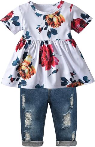 Baby Girl Clothes Toddler Infant Clothing Short Sleeve Top Jeans Pant Sets Outfits for Little Girls in Kuwait