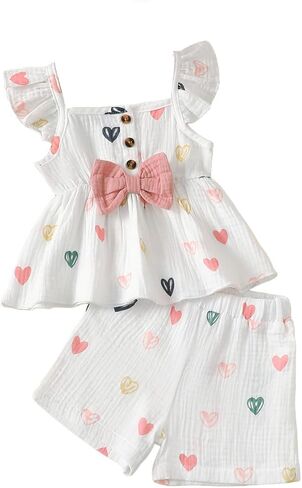 Baby Girls Heart Print Ruffle Top & Shorts Set with Pink Bow Outfit for 6M-3Y Infants in Kuwait