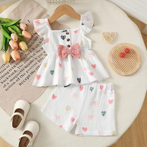 Baby Girls Heart Print Ruffle Top & Shorts Set with Pink Bow Outfit for 6M-3Y Infants in Kuwait