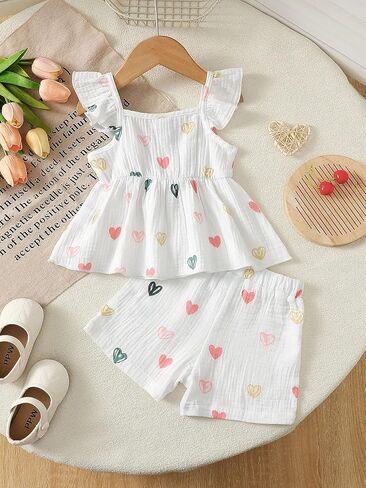 Baby Girls Heart Print Ruffle Top & Shorts Set with Pink Bow Outfit for 6M-3Y Infants in Kuwait