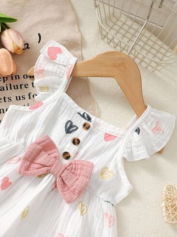 Baby Girls Heart Print Ruffle Top & Shorts Set with Pink Bow Outfit for 6M-3Y Infants in Kuwait