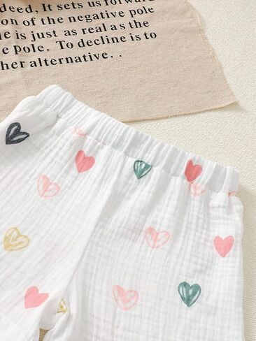 Baby Girls Heart Print Ruffle Top & Shorts Set with Pink Bow Outfit for 6M-3Y Infants in Kuwait