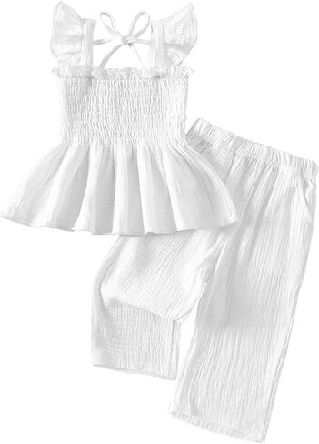 Toddler Girl Summer Clothes Ruffle Flying Sleeve Top Wide Leg Pants Set 2Pcs Outfits in Saudi Arabia