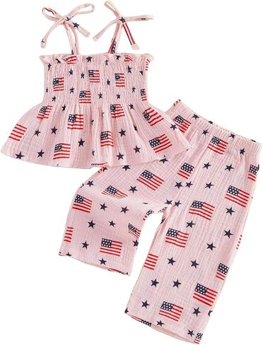 FYBITBO 4th Of July Toddler Girls Outfits American Flag Spaghetti Strap Tank Top Wide Leg Pants Fourth Of July Clothing Set in Kuwait