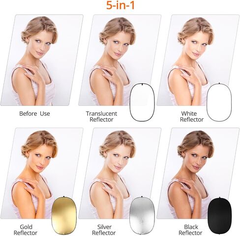 QWORK 24" x36" (60x90cm) 5-in-1 Collapsible Light Reflector & Diffuser - Translucent, Silver, Gold, White, Black, Multi Disc Photography Reflector for Studio Outdoor Photography in Kuwait