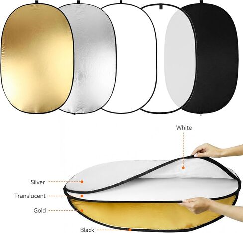 QWORK 24" x36" (60x90cm) 5-in-1 Collapsible Light Reflector & Diffuser - Translucent, Silver, Gold, White, Black, Multi Disc Photography Reflector for Studio Outdoor Photography in Kuwait