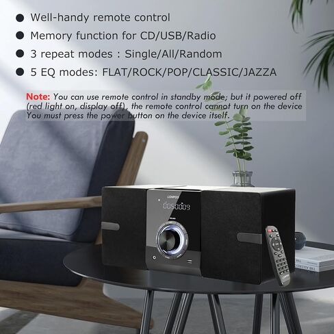 Stereo System for Home, LONPOO Bluetooth Micro Stereo Shelf System with 100 Watts RMS, Build-in FM Radio, USB Playback and AUX-in,Black in Saudi Arabia