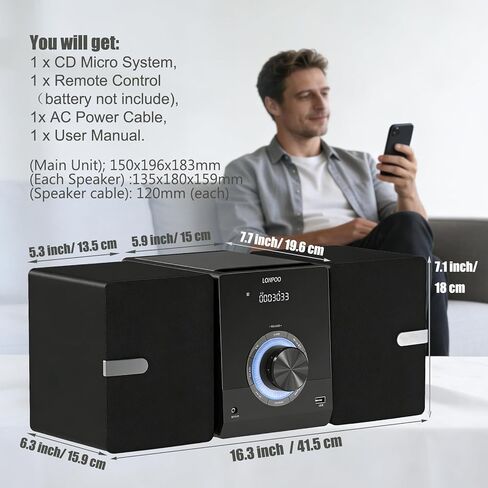 Stereo System for Home, LONPOO Bluetooth Micro Stereo Shelf System with 100 Watts RMS, Build-in FM Radio, USB Playback and AUX-in,Black in Saudi Arabia