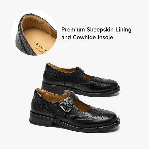 BEAU TODAY Mary Jane Shoes للسيدات، أحذية جلدية رسمية ذات طرف جناح بروغ، منصة ماري جينس ذات مقدمة مستديرة لطيفة للنساء، أحذية أكسفورد كاجوال مريحة للعمل المكتبي والمدرسة in Kuwait