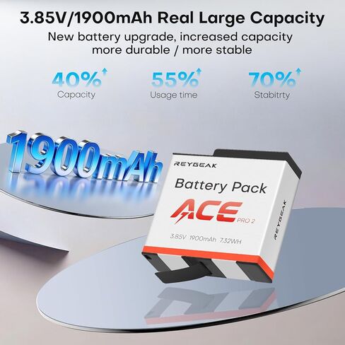 REYGEAK Battery and Charger for Insta360 Ace Pro 2/Ace Pro,2 Pack 1900mAh Batteries Charger Set with Triple Charging Slots,Compatible with Insta360 Ace/Ace Pro Action Camera in Kuwait