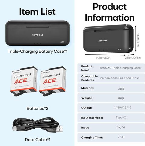 REYGEAK Battery and Charger for Insta360 Ace Pro 2/Ace Pro,2 Pack 1900mAh Batteries Charger Set with Triple Charging Slots,Compatible with Insta360 Ace/Ace Pro Action Camera in Kuwait