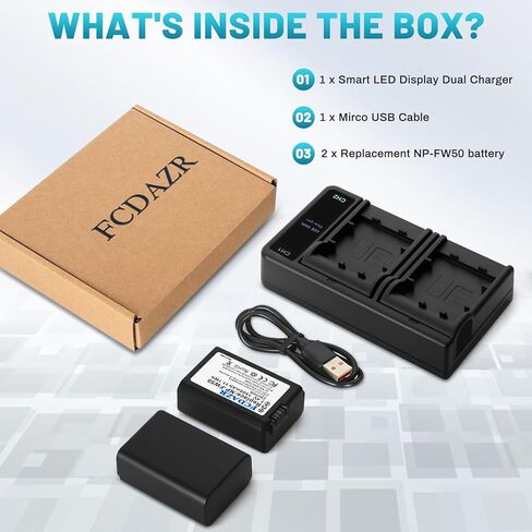 بطارية NP-FW50 (عبوتان) وشاحن USB مزدوج لكاميرات Sony ZV-E10 A6000 A6300 A6400 A6500 A7 A7II A7RII A7SII A7S A7S2 A7R A7R2 A5100 A5000 NEX-3 NEX-5 in Kuwait