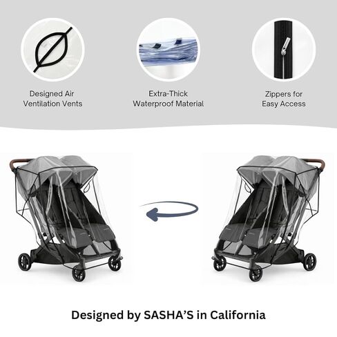 غطاء المطر لـ UPPAbaby Minu Duo من SASHA'S - فتحات تهوية، وصول بسحاب، درع الطقس، غطاء الرياح (عربة الأطفال غير متضمنة) in Kuwait
