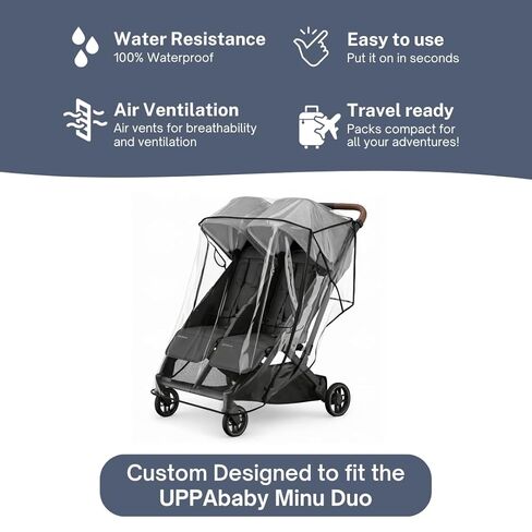 غطاء المطر لـ UPPAbaby Minu Duo من SASHA'S - فتحات تهوية، وصول بسحاب، درع الطقس، غطاء الرياح (عربة الأطفال غير متضمنة) in Kuwait