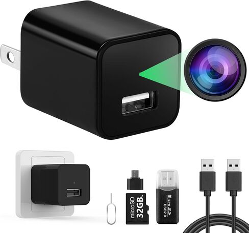 كاميرا صغيرة شاحن USB فيديو عالي الدقة 1080 بكسل، كاميرا شاحن أمان لمراقبة المنزل والمكتب، كاميرا USB حائطية مع بطاقة Micro SD سعة 32 جيجابايت in Kuwait