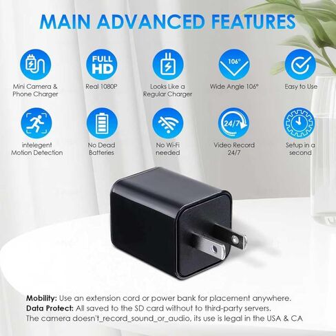 كاميرا صغيرة شاحن USB فيديو عالي الدقة 1080 بكسل، كاميرا شاحن أمان لمراقبة المنزل والمكتب، كاميرا USB حائطية مع بطاقة Micro SD سعة 32 جيجابايت in Kuwait