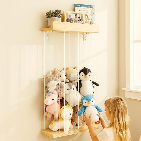 Adjustable Stuffed Animal Storage with Shelf (Patented) - Large Wooden Hanging Plush Toy Organizer - Corner Stuffy Animals Hammock Net Holder for Kids Room, Nursery, Bedroom in Kuwait