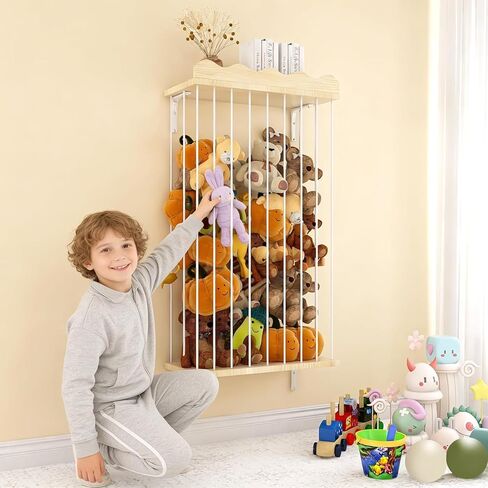 Adjustable Stuffed Animal Storage with Shelf (Patented) - Large Wooden Hanging Plush Toy Organizer - Corner Stuffy Animals Hammock Net Holder for Kids Room, Nursery, Bedroom in Kuwait