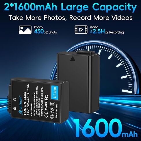 Artman EN-EL25 EN-EL25A بطارية 1600 مللي أمبير في الساعة 2 حزمة وشاحن USB-C LCD مزدوج متوافق مع كاميرا Nikon Z50II، Z50، Z30، بطارية ZFC 4241، شاحن MH-32 in Kuwait